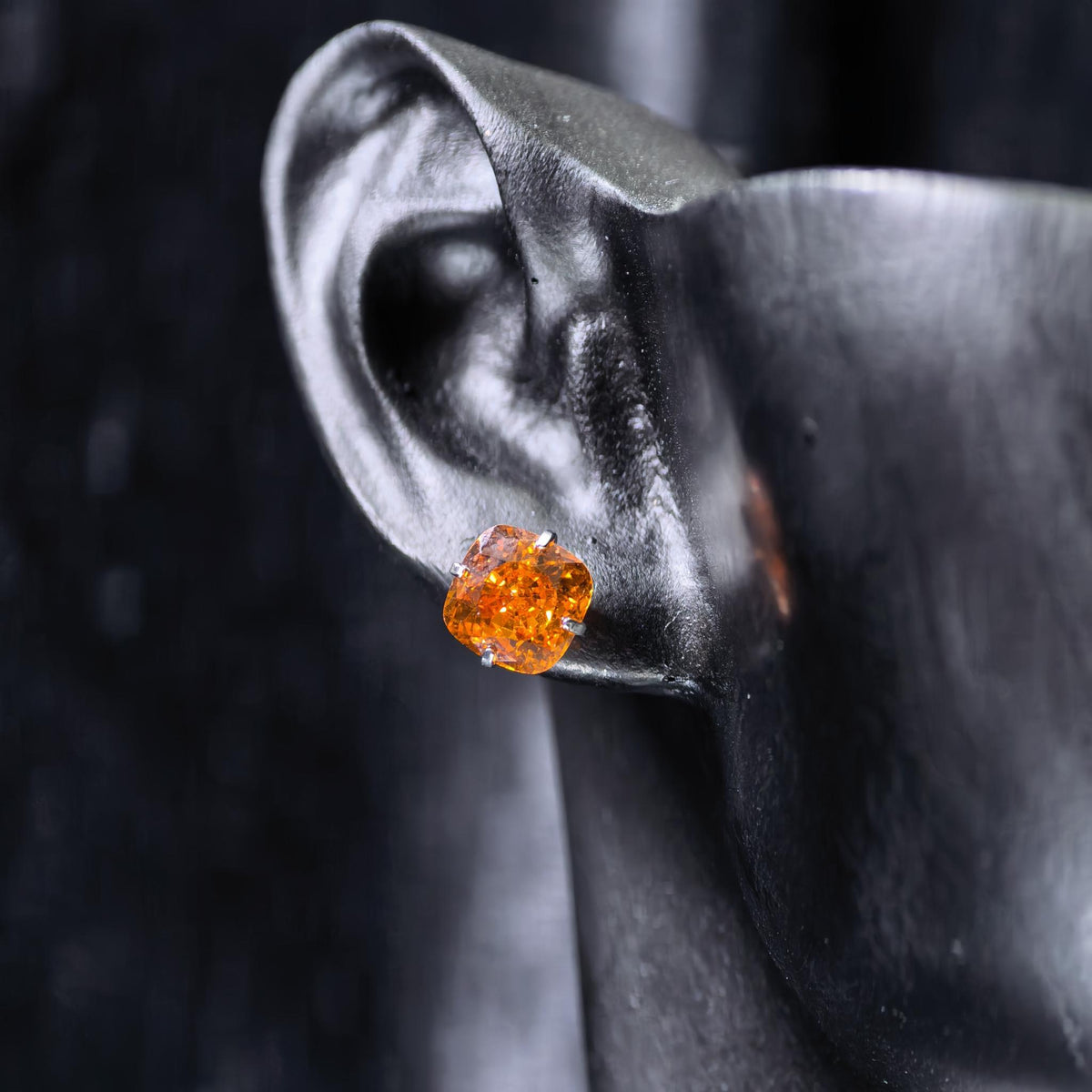 6mm fat square bouquet‑cut mandarin orange cz titanium‑steel screw‑back stud earring