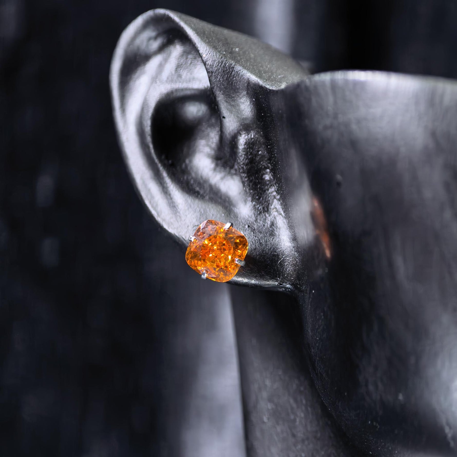 6mm fat square bouquet‑cut mandarin orange cz titanium‑steel screw‑back stud earring
