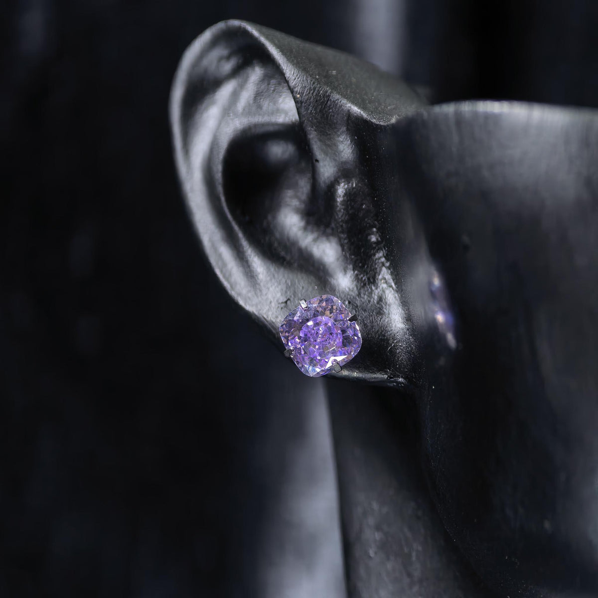 6mm fat square bouquet‑cut violet tone cz titanium‑steel screw‑back stud earring