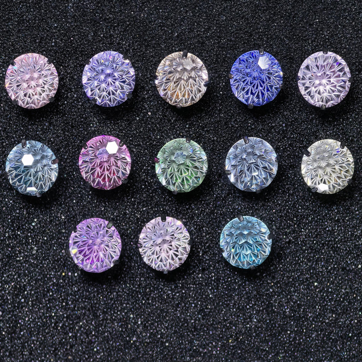 8mm iridescent aurora kaleidoscope cubic zirconia screw back stud earrings multi color set flat lay