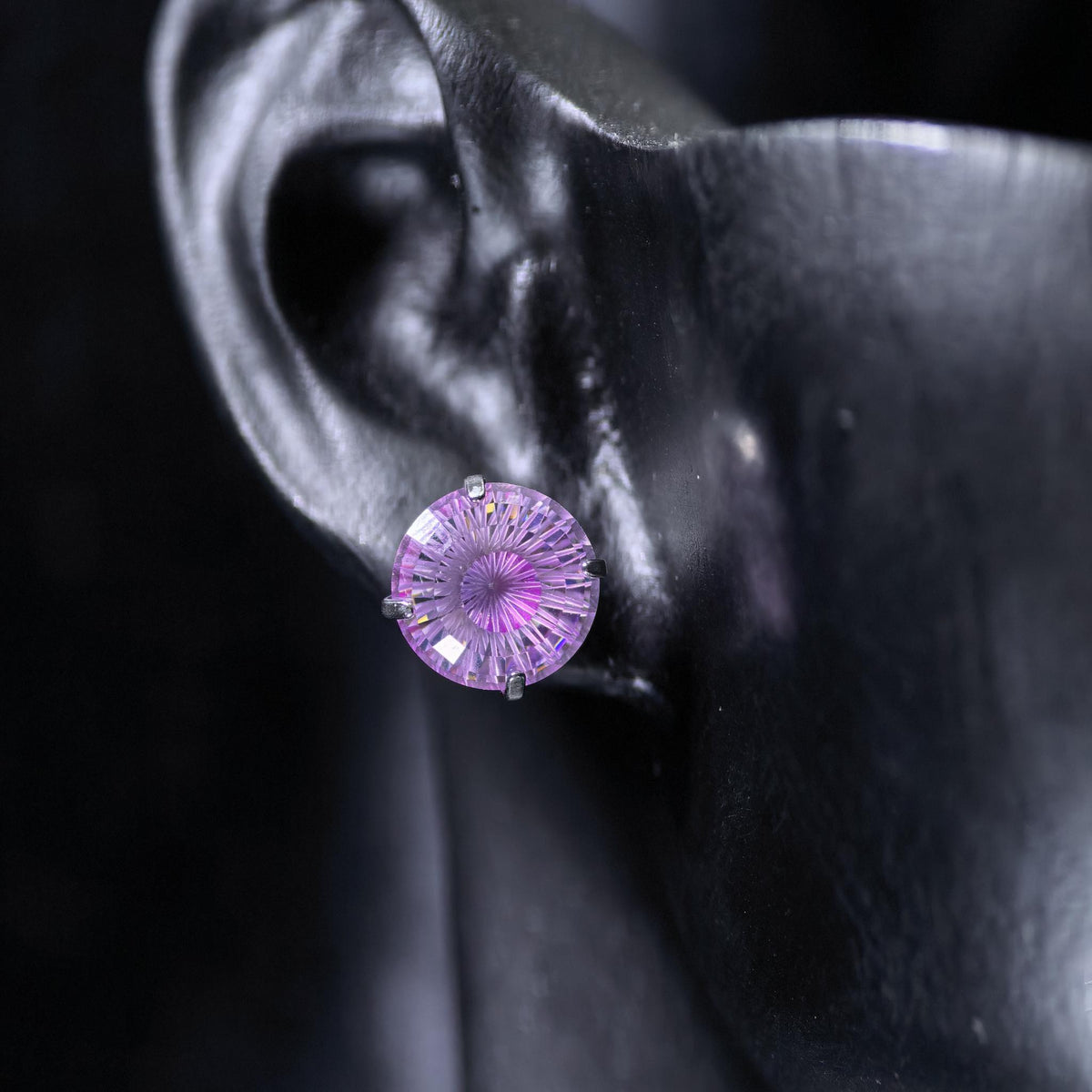 8mm conch‑cut lilac pink iridescent plated cz titanium‑steel screw‑back stud earring