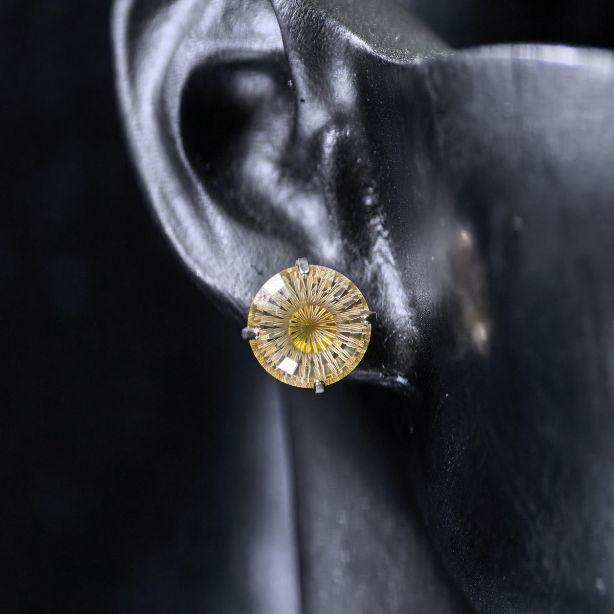 8mm conch‑cut medium canary yellow iridescent plated cz titanium‑steel screw‑back stud earring