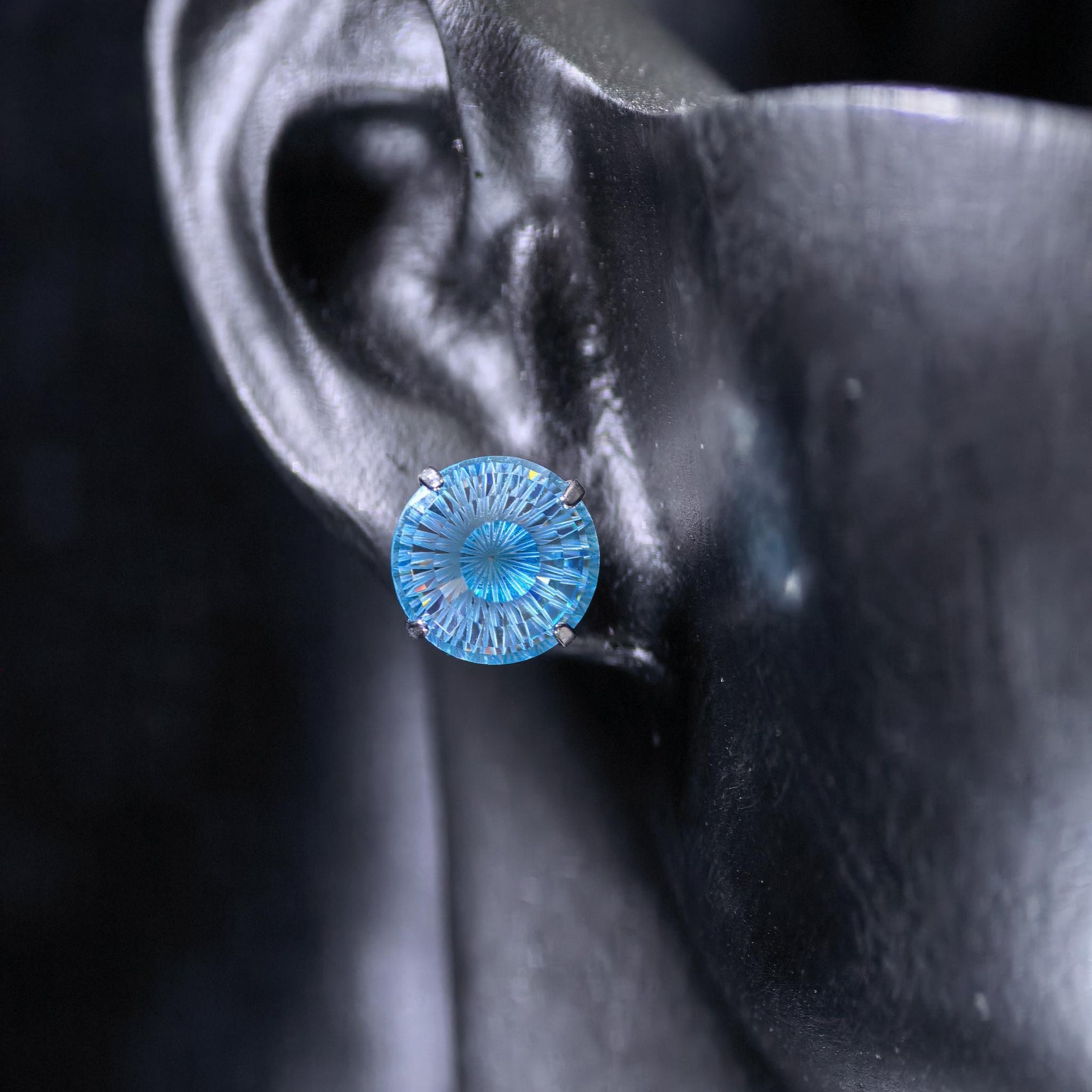 8mm conch‑cut pale ocean blue uncoated base cz titanium‑steel screw‑back stud earring
