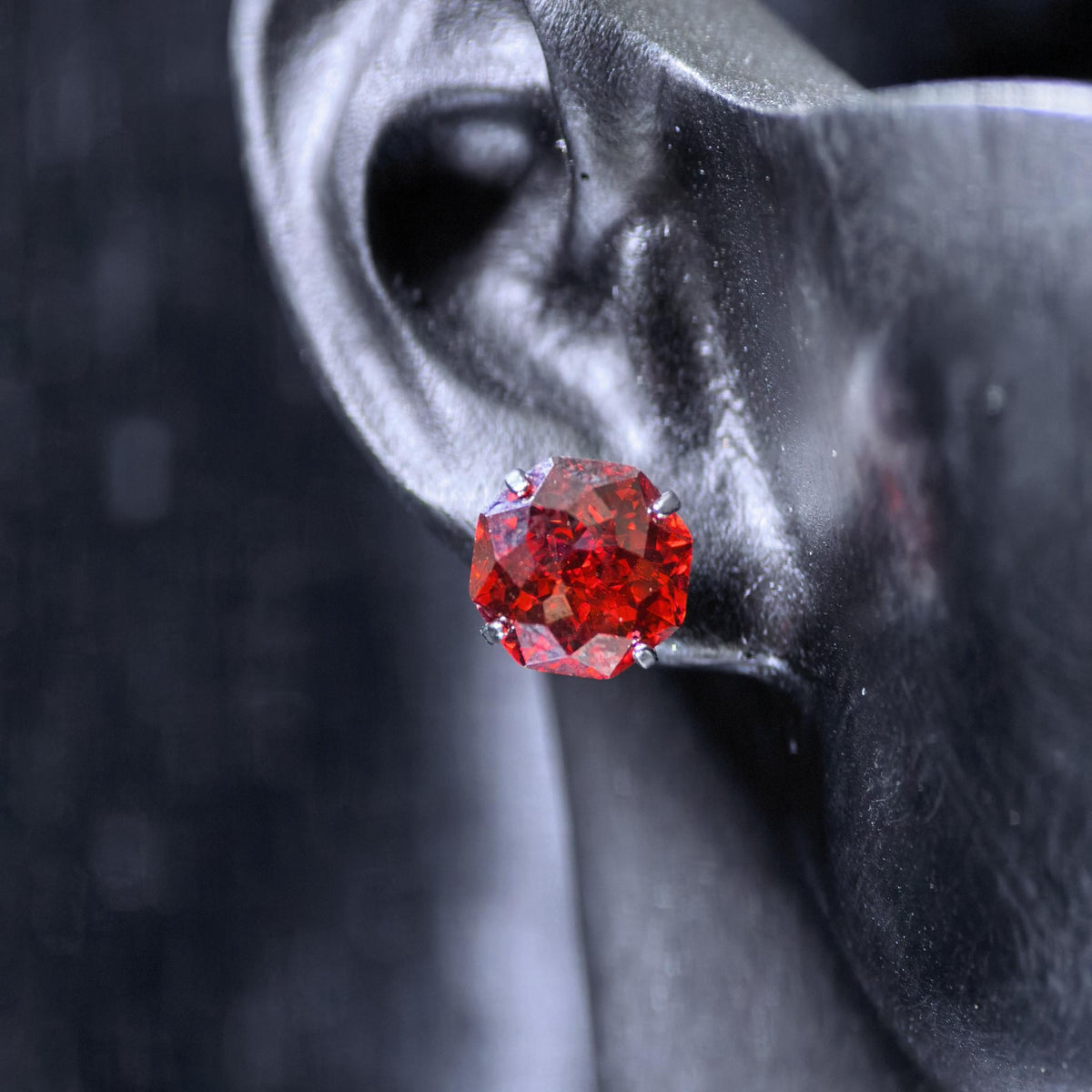 8mm octagonal bouquet‑cut deep china red cz titanium‑steel screw‑back stud earring