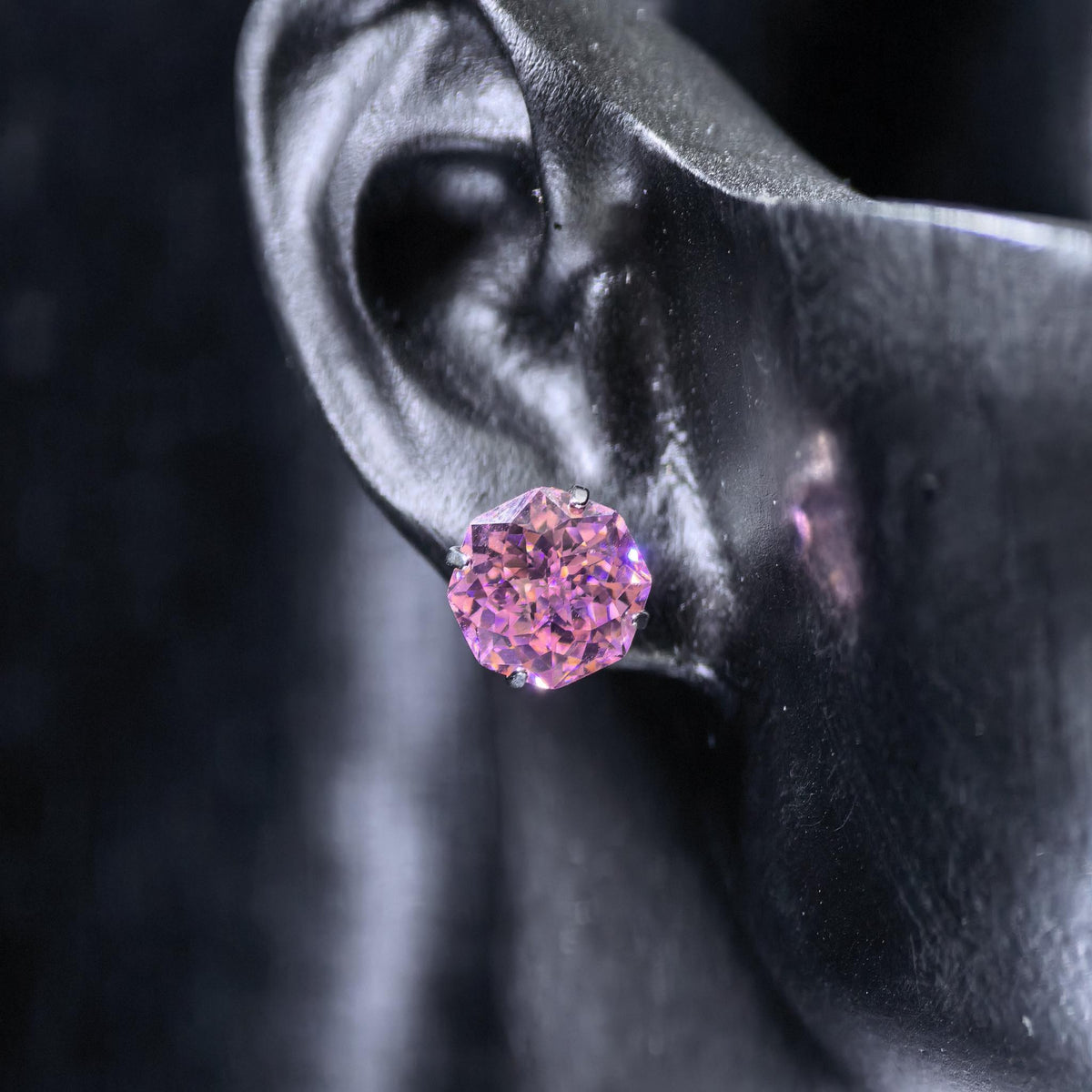 8mm octagonal bouquet‑cut medium pink cz titanium‑steel screw‑back stud earring