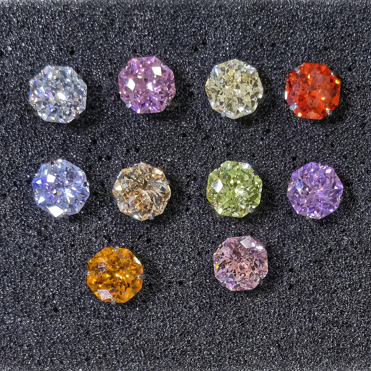 8mm octagonal bouquet‑cut assorted color cz titanium‑steel stud earrings close‑up