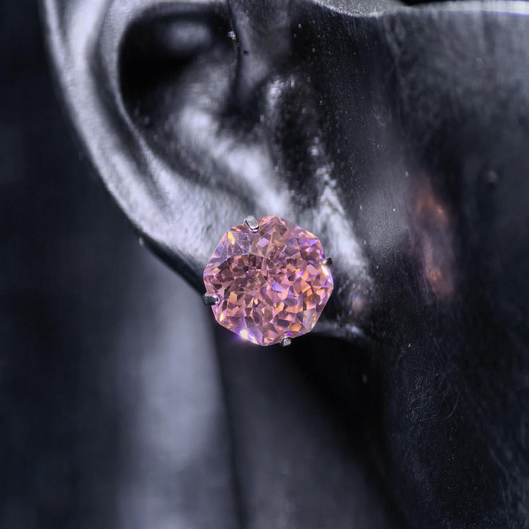 8mm octagonal bouquet‑cut pinkish orange tone cz titanium‑steel screw‑back stud earring