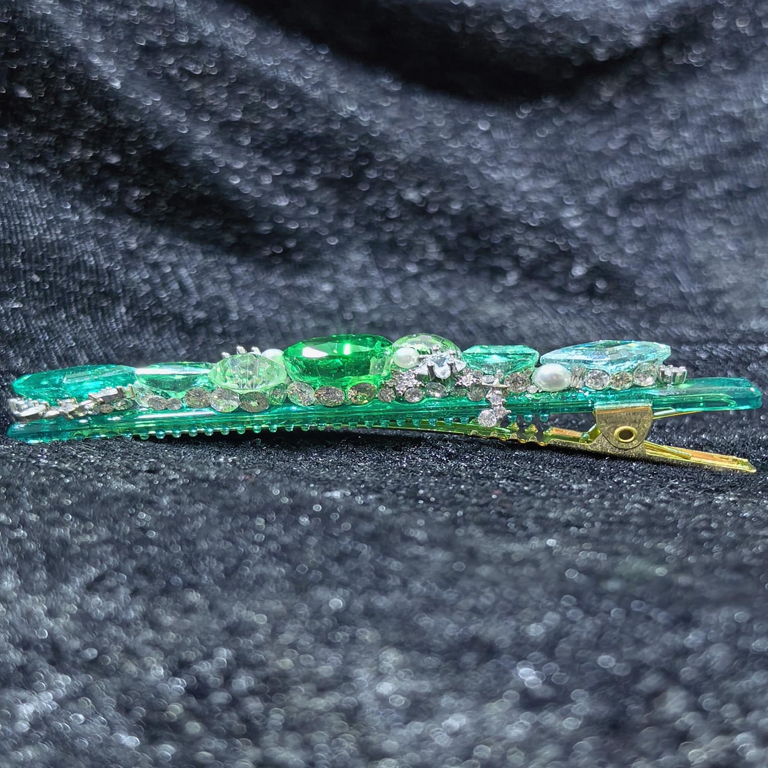 Handcrafted One-of-a-Kind Side Bangs Hair Clip — Emerald & Paraiba Zircon Statement Piece