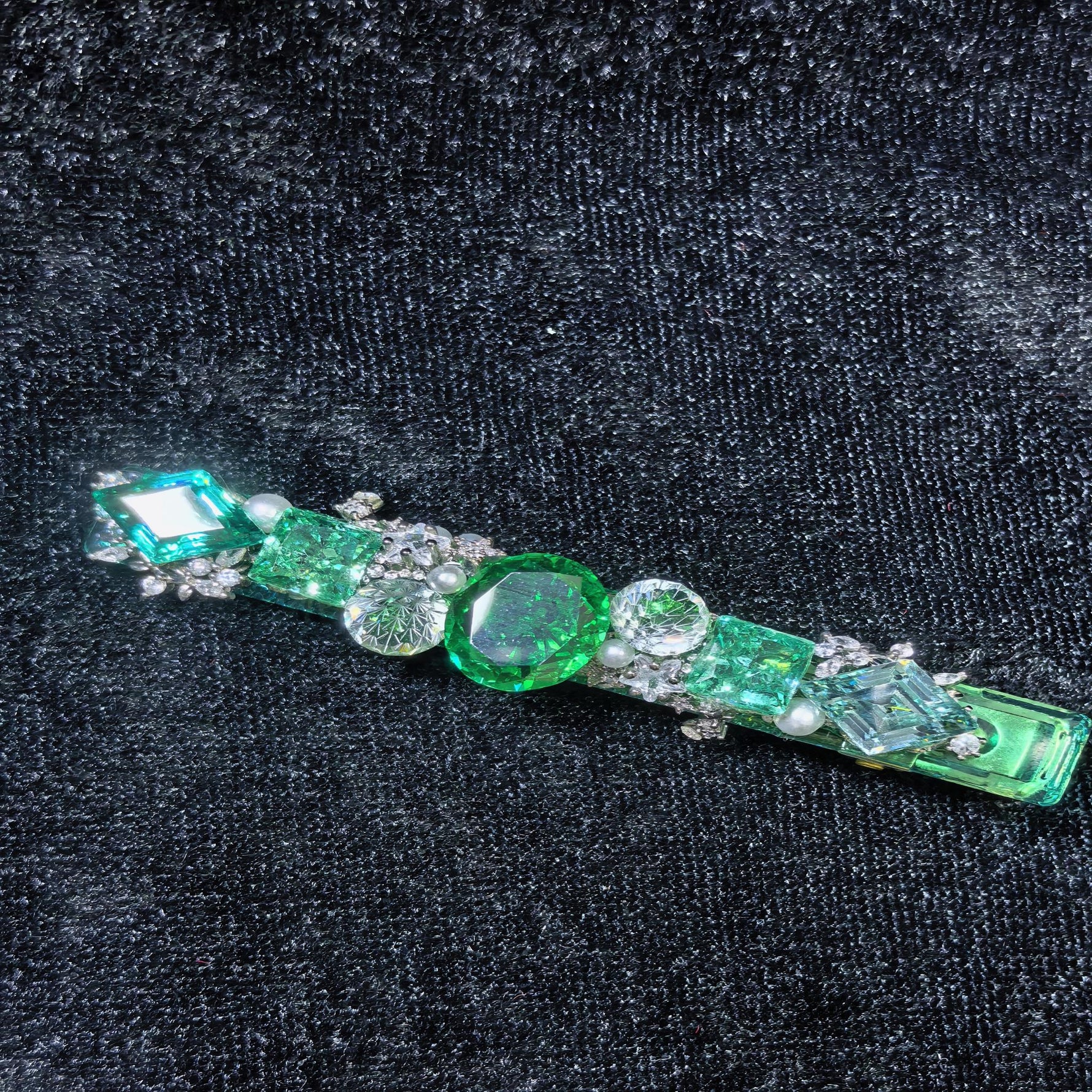 Soul Fragment 01 handmade emerald paraiba cubic zirconia hair barrette with gap‑filling accent crystals