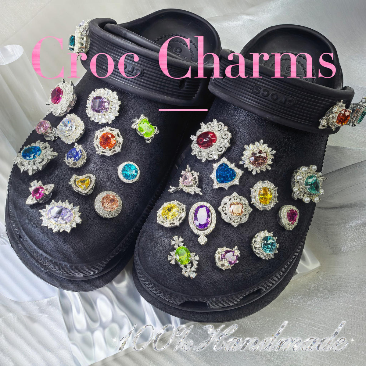 Handcrafted jewel zircon charms on black croc shoes,jibbitz compatible