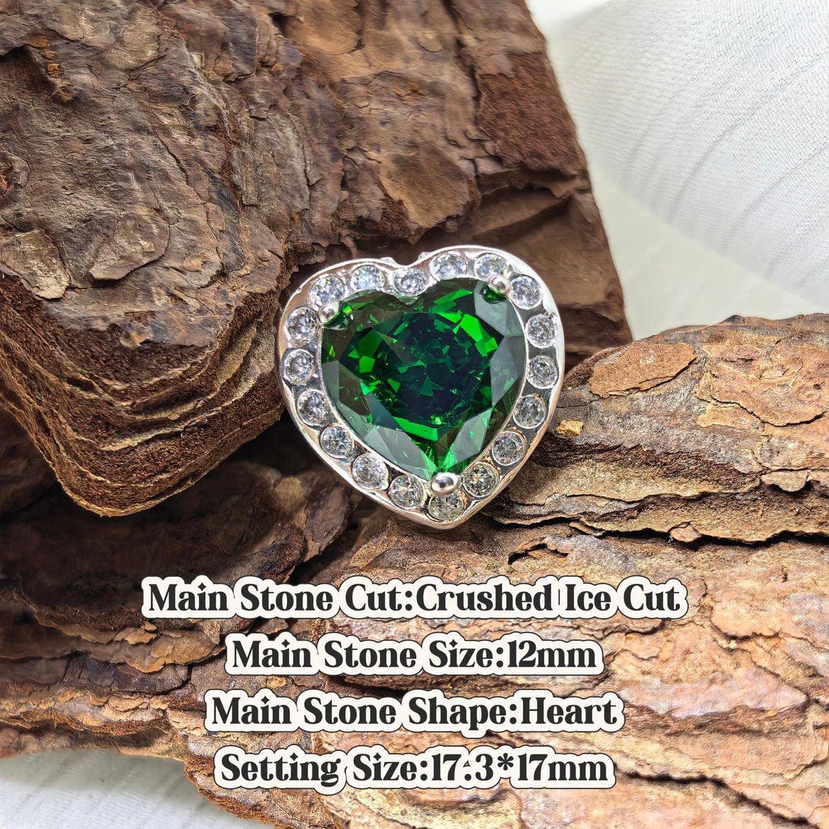 Heart crushed ice cut cubic zirconia croc charm, vivid green tone, jibbitz compatible