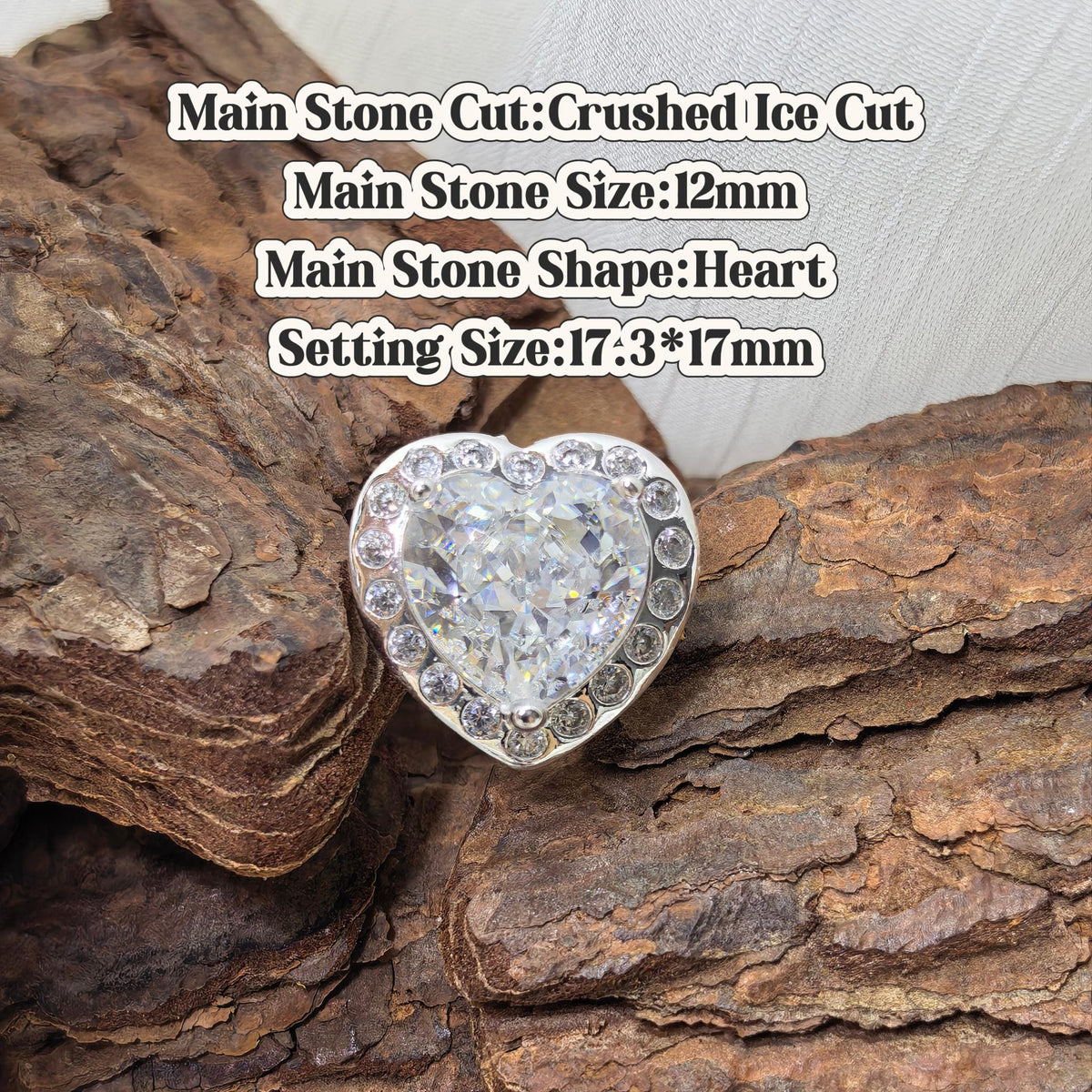 Heart crushed ice cut cubic zirconia croc charm, D color white tone, jibbitz compatible