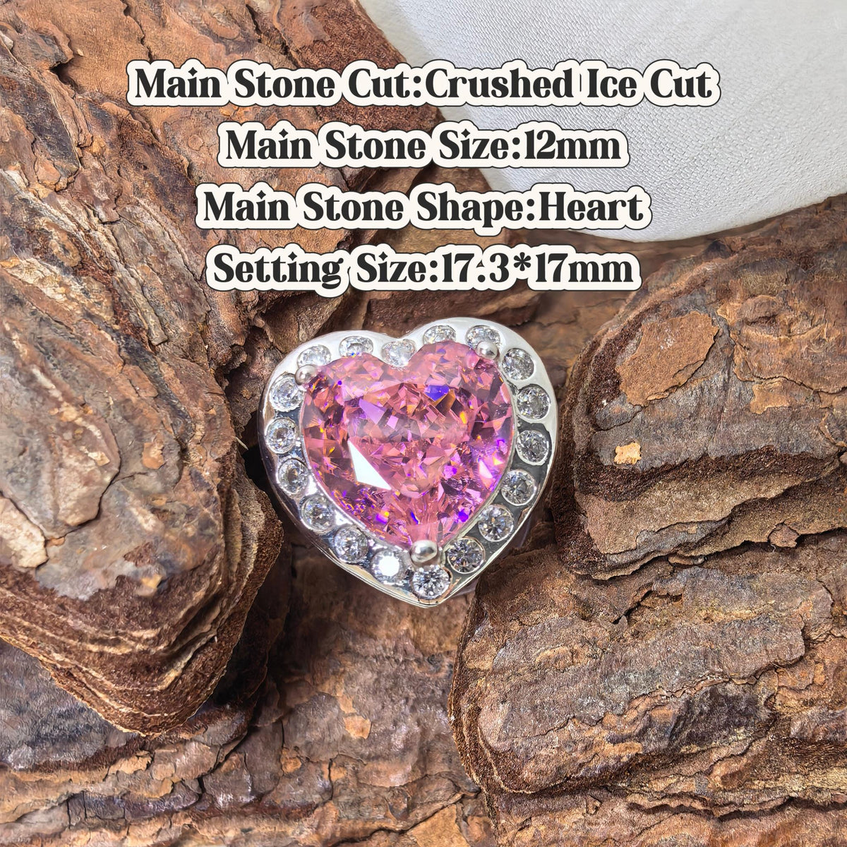 Heart crushed ice cut cubic zirconia croc charm, deep pink A tone, jibbitz compatible