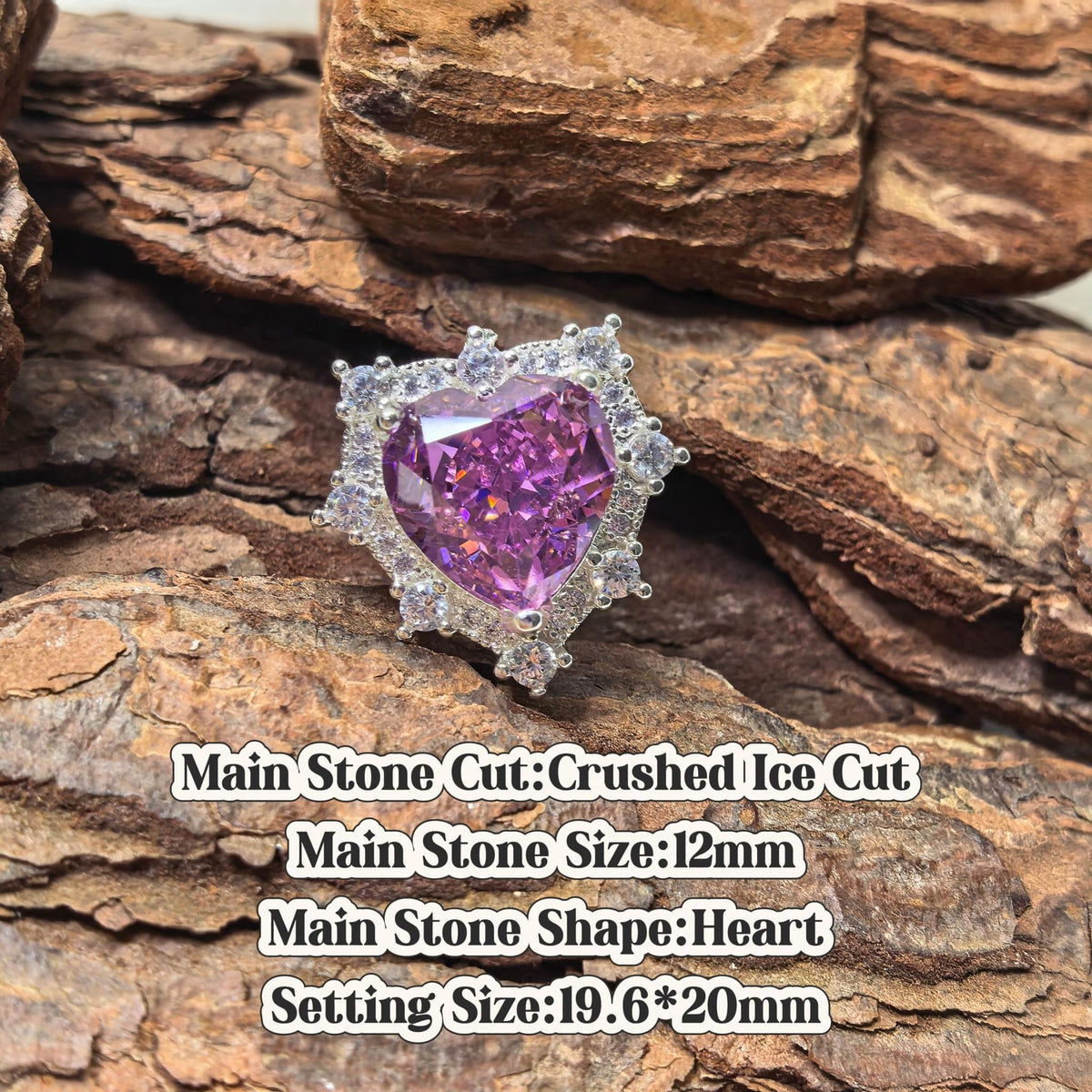 Heart crushed ice cut cubic zirconia croc charm, light rose red tone, jibbitz compatible