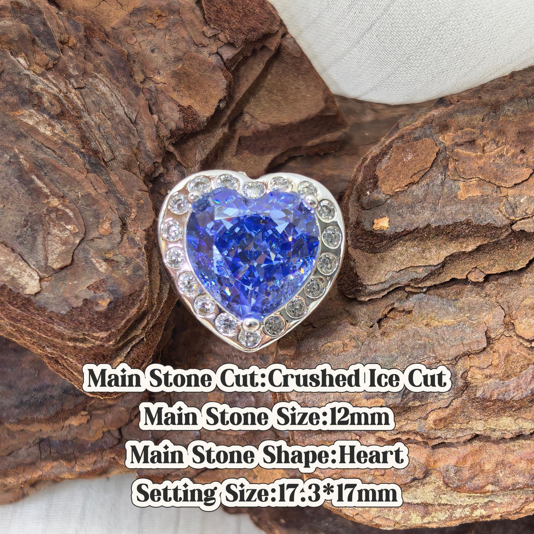 Heart crushed ice cut cubic zirconia croc charm, M‑fancy blue tone, jibbitz compatible