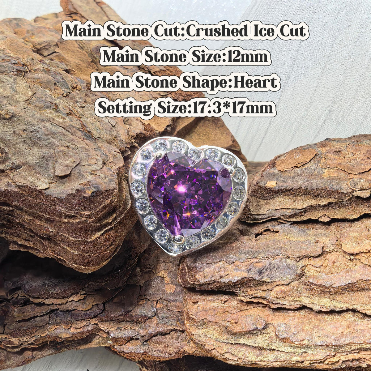 Heart crushed ice cut cubic zirconia croc charm, rich purple tone, jibbitz compatible