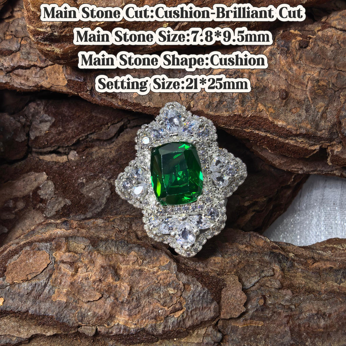 Cushion‑brilliant cut cubic zirconia croc charm, D‑green tone, jibbitz compatible
