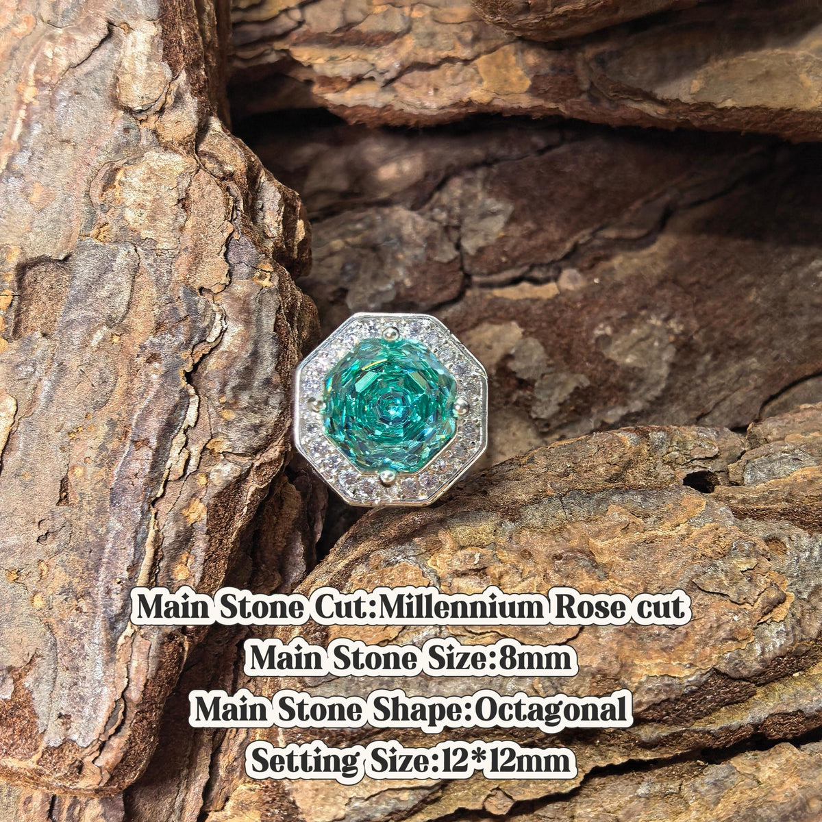 Octagonal millennium rose cut croc charm, neon teal blue cubic zirconia, jibbitz compatible