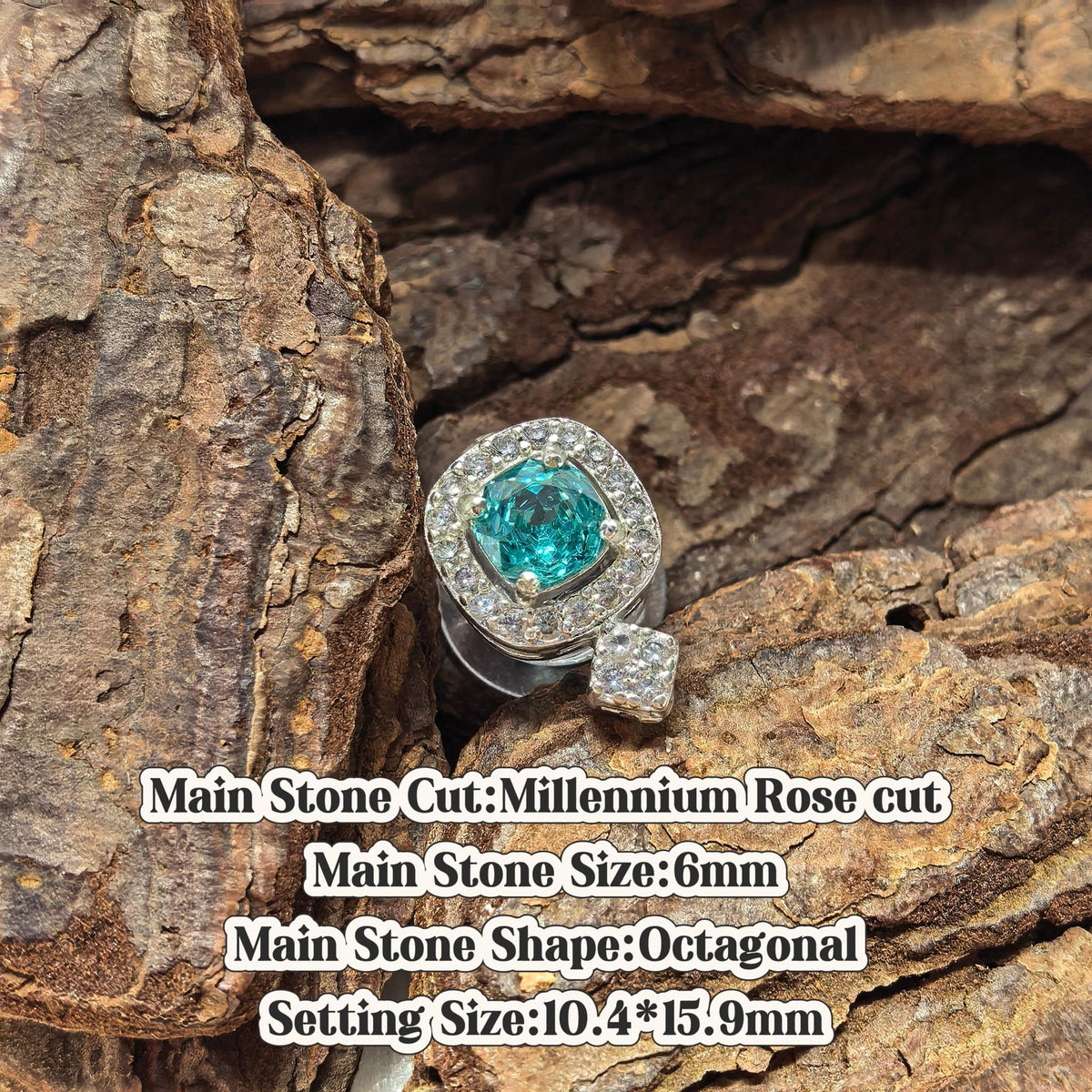 Small octagonal millennium rose cut croc charm, neon green blue zircon, jibbitz compatible