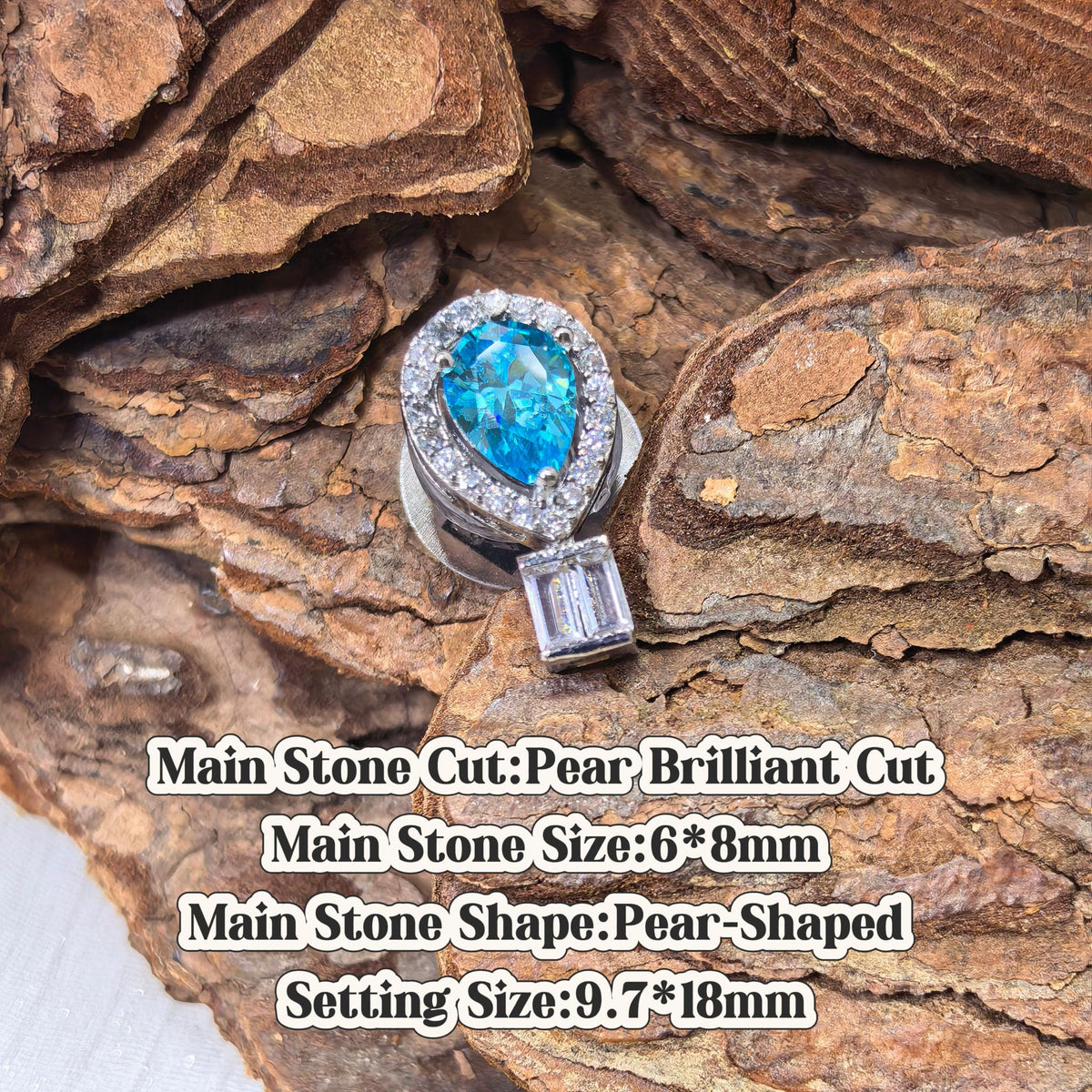 Pear brilliant cut cubic zirconia croc charm, medium ocean blue tone, jibbitz compatible