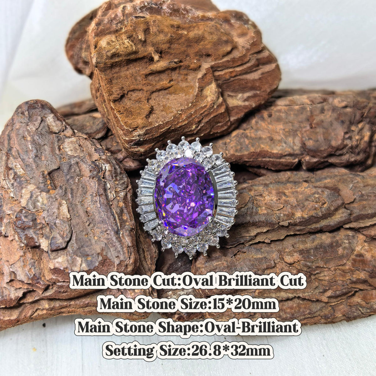 Crushed Ice Cut 15x20mm Violet Tone custom gem croc shoe charm, silver‑plated setting