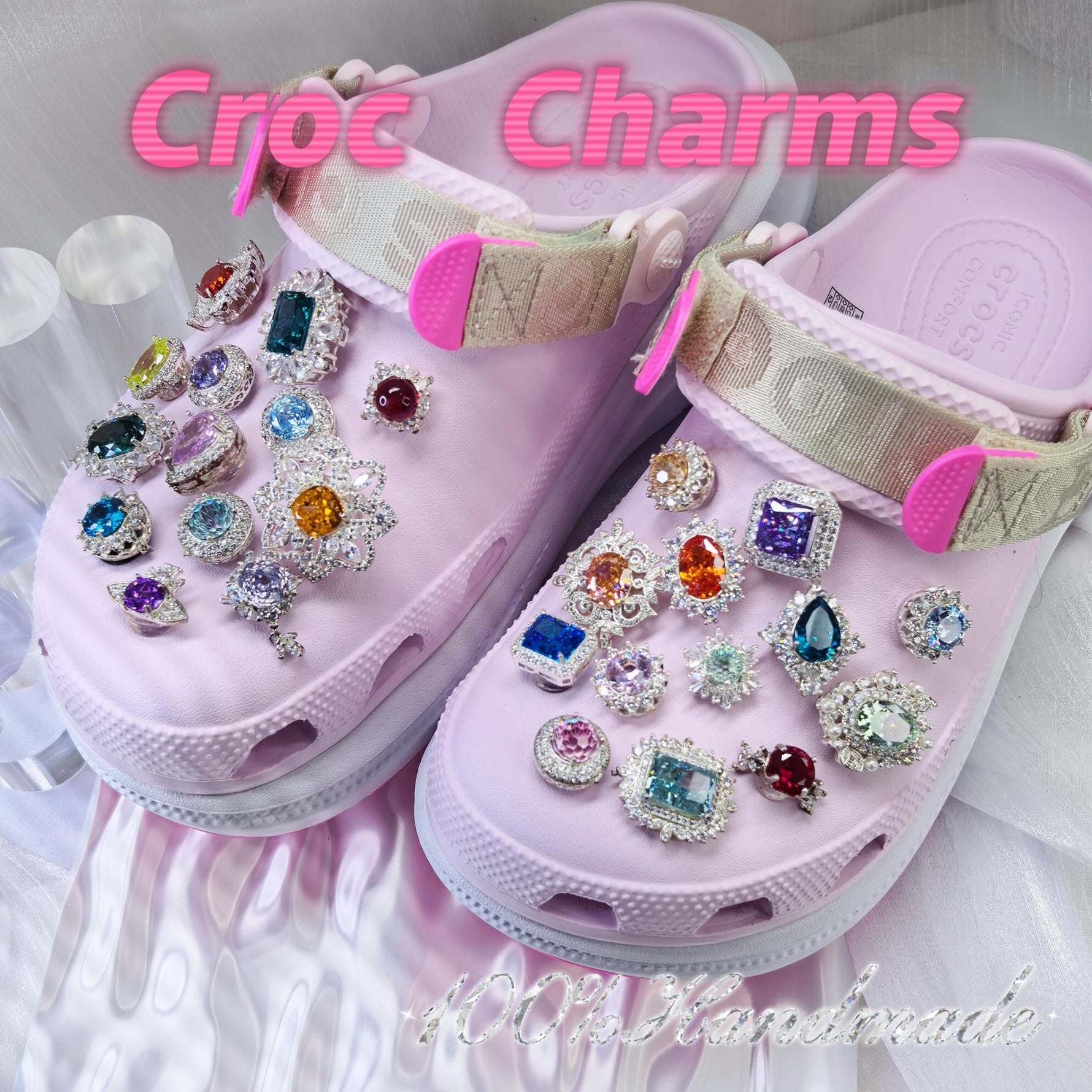 Sparkle custom gem croc charms decorated on pink crocs,jibbitz compatible