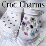 Lilac pink dandelion cut bling zircon croc charm decorated on white crocs shoes,jibbitz compatible