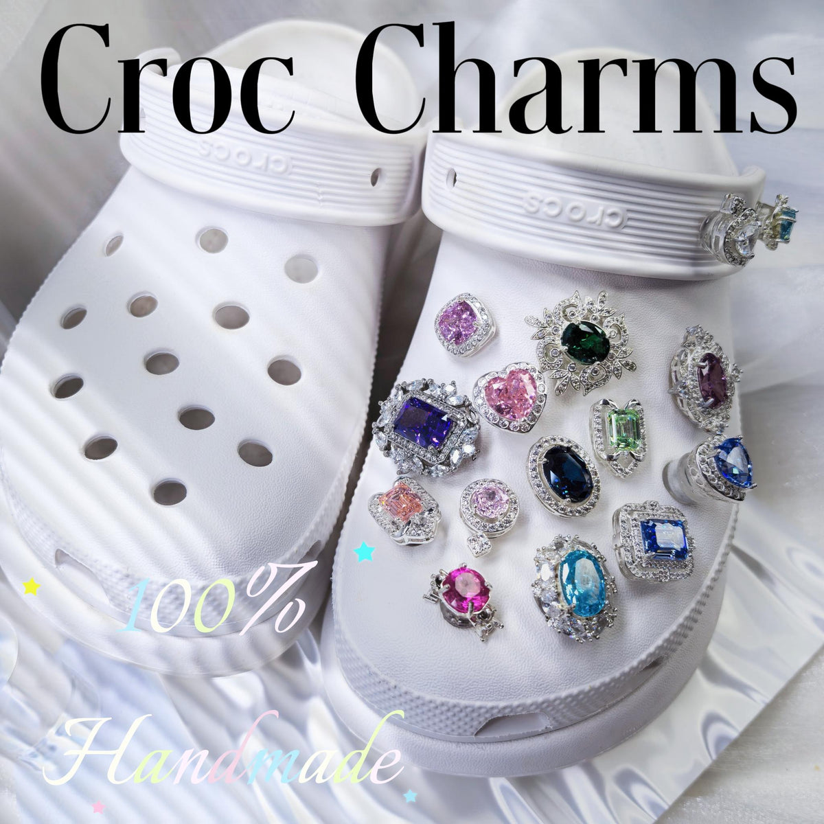 Lilac pink dandelion cut bling zircon croc charm decorated on white crocs shoes,jibbitz compatible